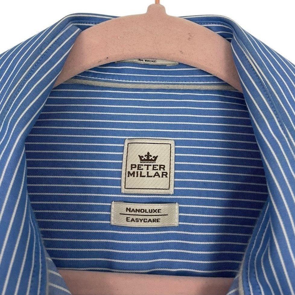 Peter Millar Mens Nanoluxe EasyCare Blue & White Striped Button Down Shirt