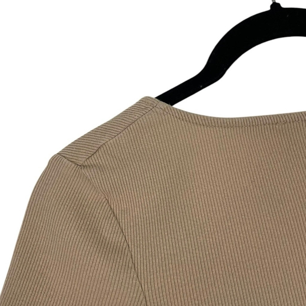 Beige Ribbed Cinched Short Sleeve Cropped Top