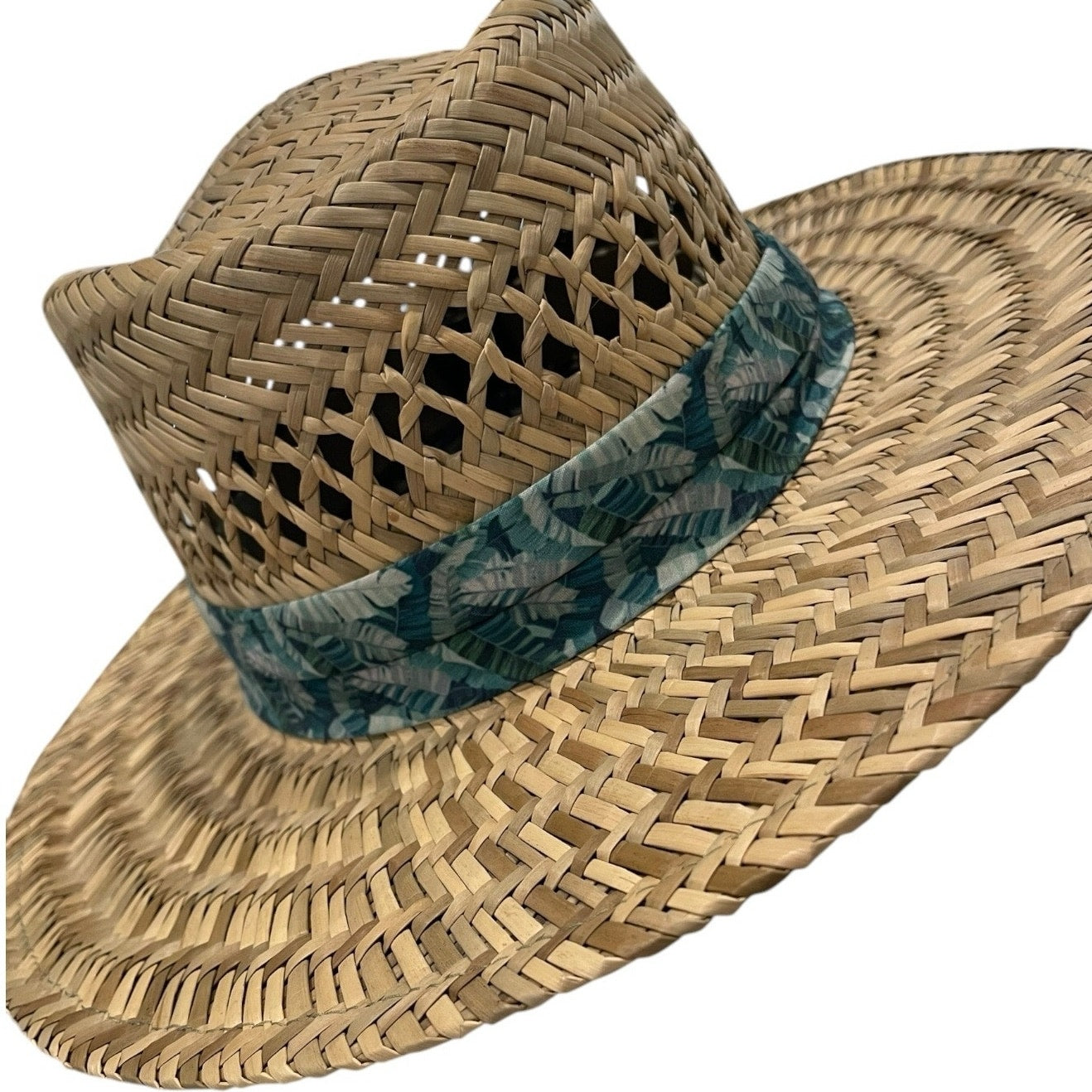 George Woven Tan Straw Tropical Blue Band Flat Brim Sun Hat
