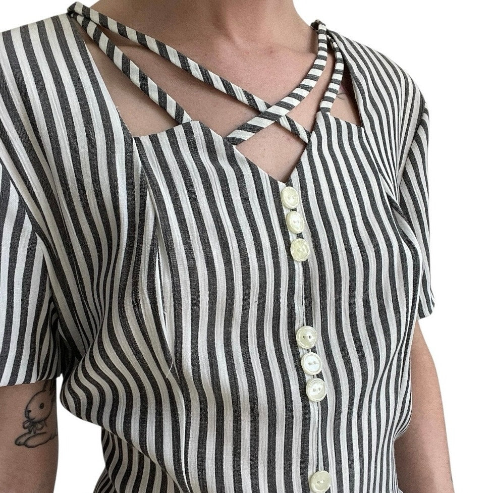 D.B.Y. Ltd Vintage Grey & White Striped Button Down Cutout Neck Maxi Dress