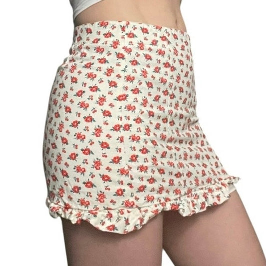 Zara Red & White Floral Ruffled Mini Skirt