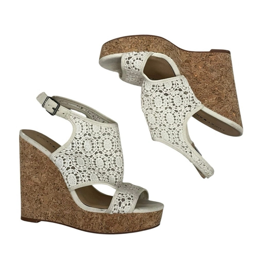 Lucky Brand Cream Lace Cork Wedge Open Toe Boho Heels