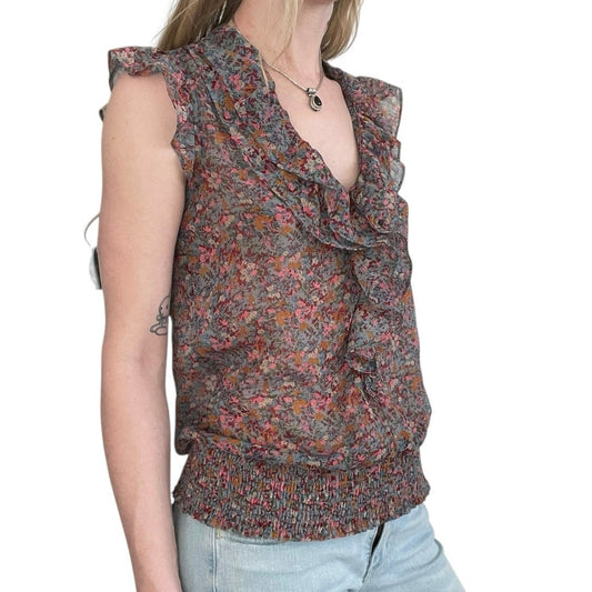 dmbm Sheer Floral V-Neck Ruffled Blouse