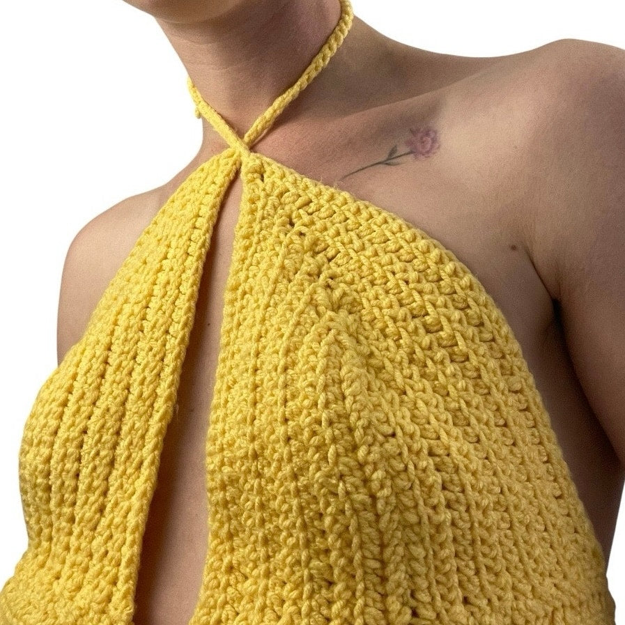Yellow Knit Open Front Halter Neck Cropped Top