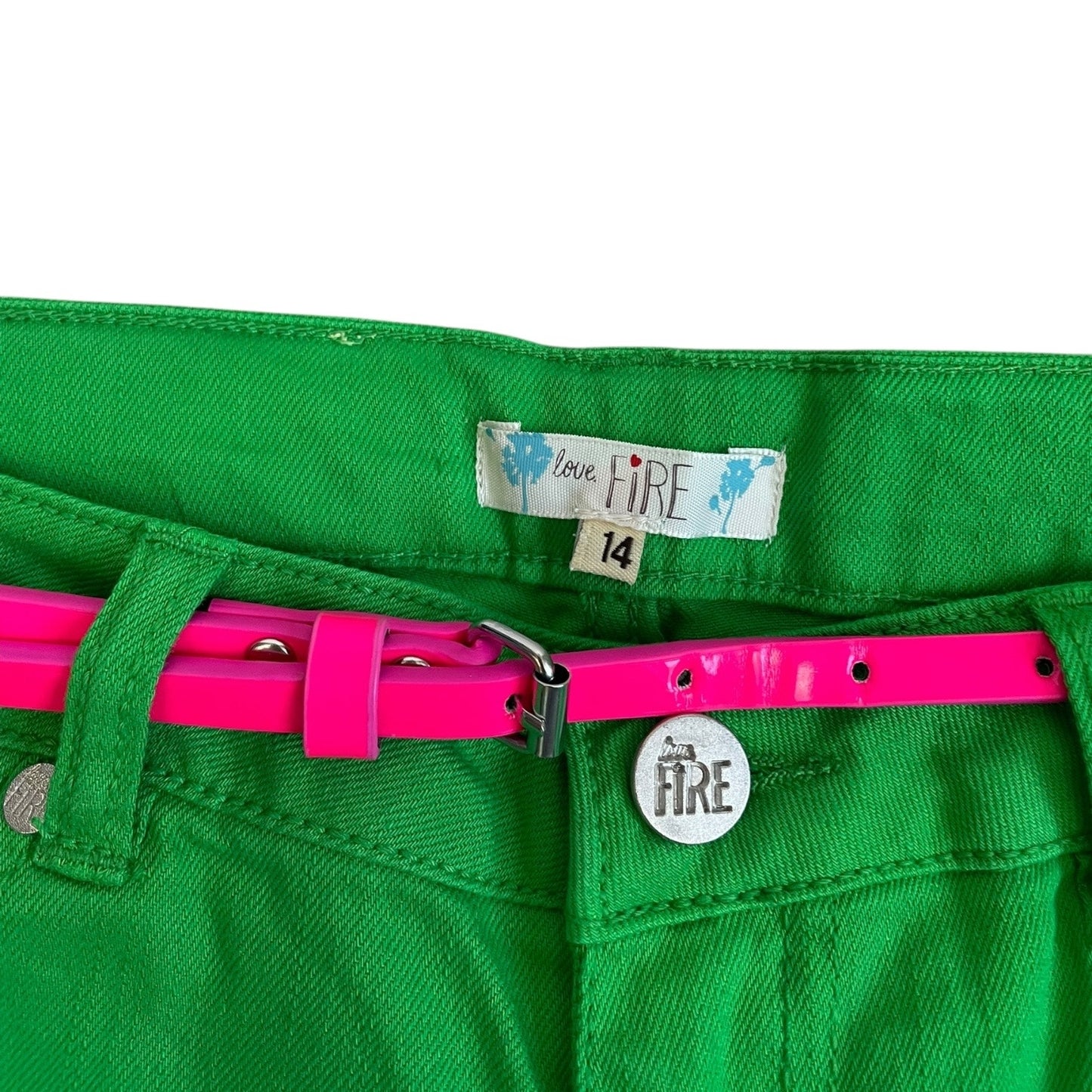 NWT Love, Fire Girls Jolly Rancher Green & Pink Belt Denim Cuffed Midi Shorts