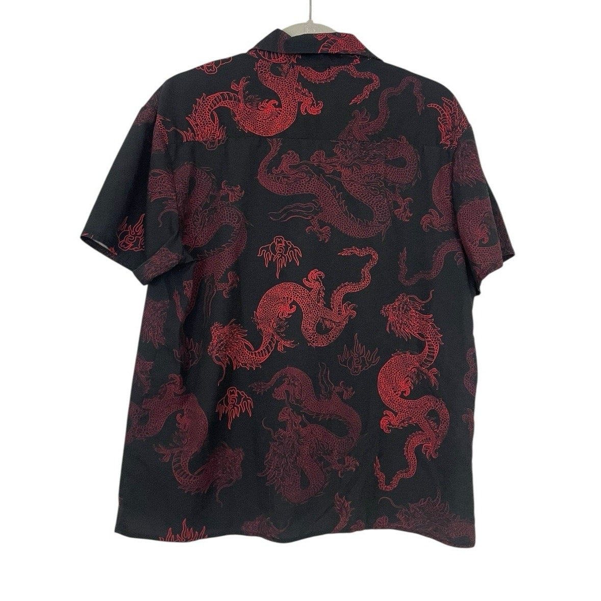 ROMWE Black & Red Dragon Print Short Sleeve Button Down Shirt