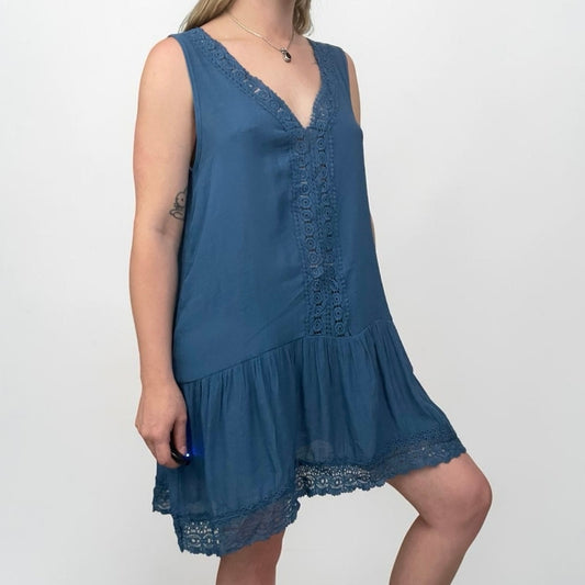 NWT Cupshe Sheer Blue Lace Trim Tiered Mini Dress