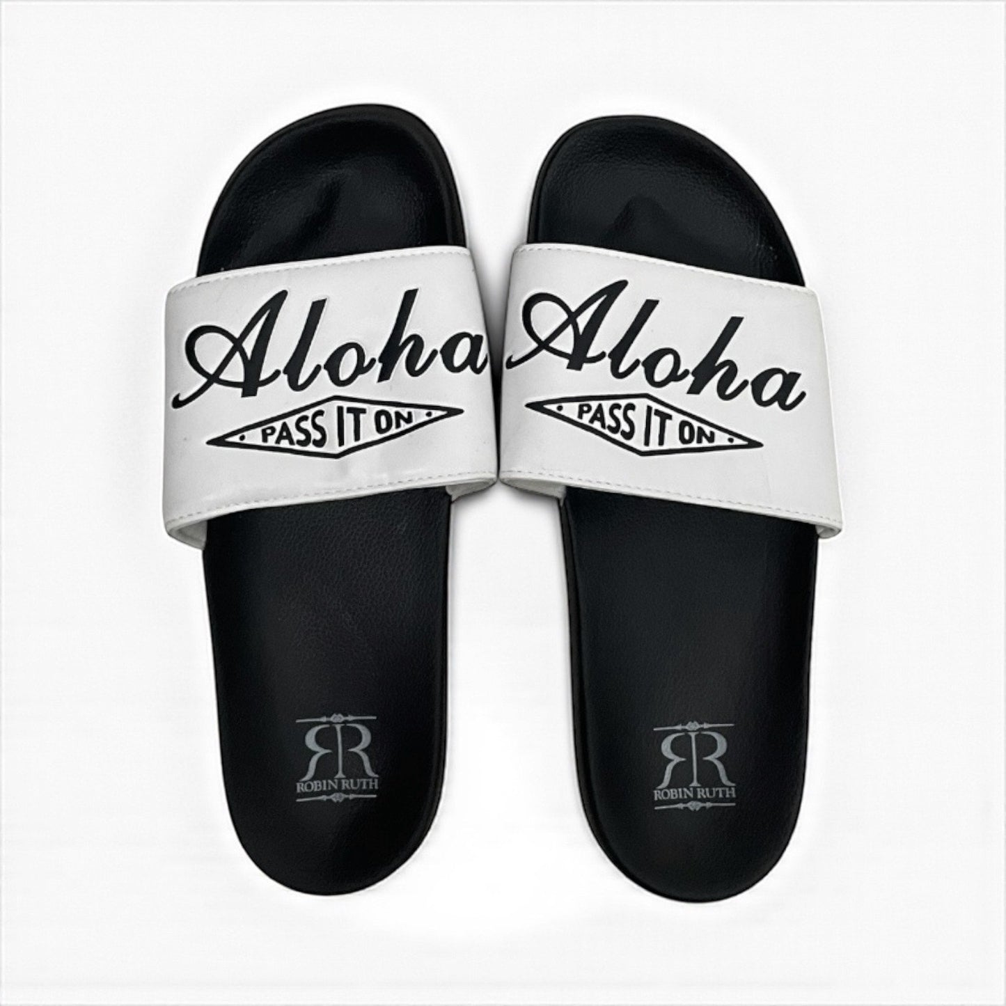 Robin Ruth Aloha Pass It On Black & White Slip-On Slides Sandals