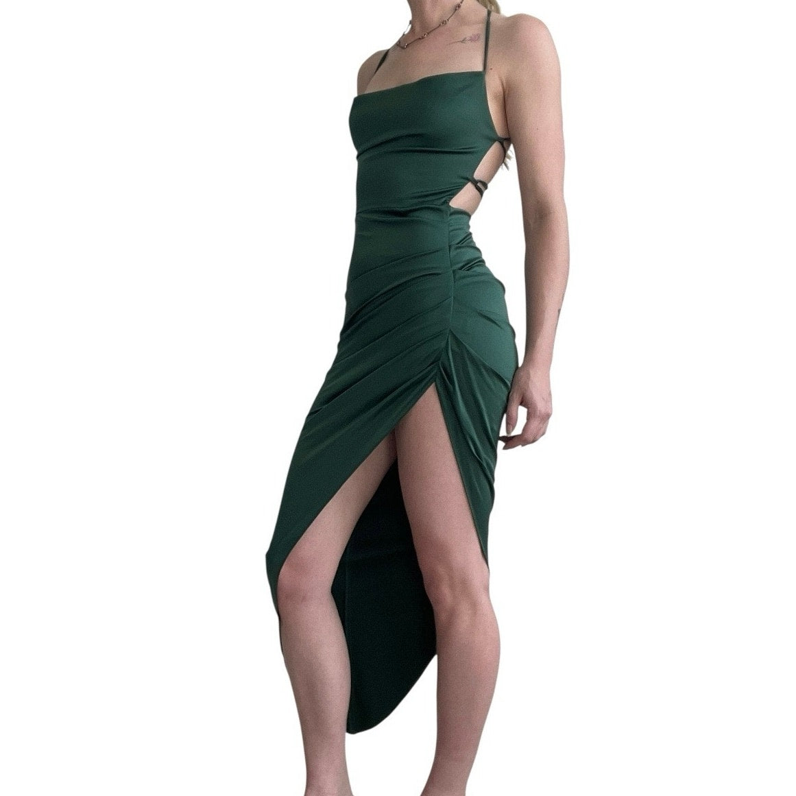 Silky Green Asymmetrical Cinched Halter Neck Open Lace Up Cross Back Dress
