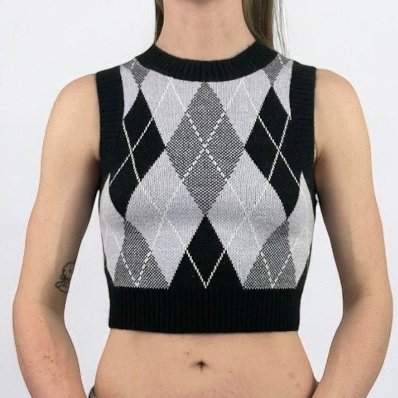 Black and Grey Argyle Knit Cropped Sleeveless Sweater