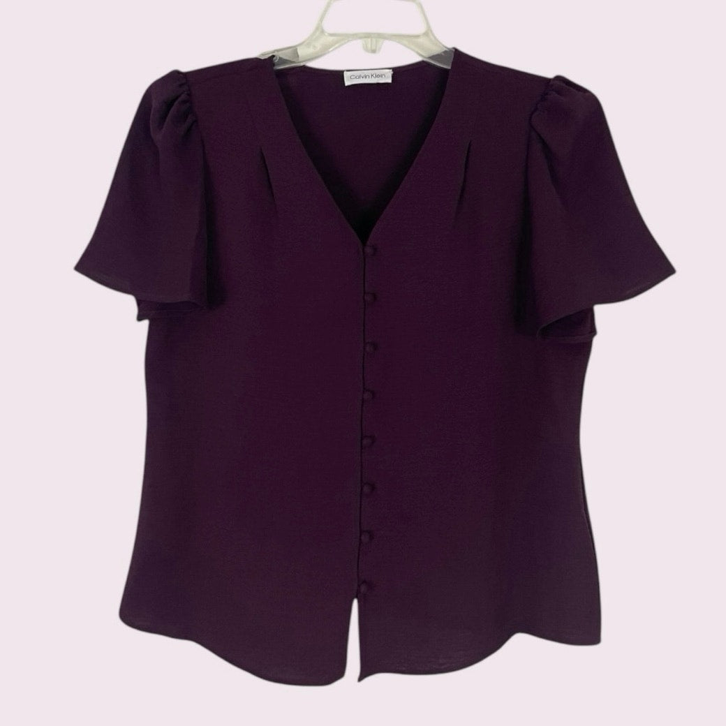 Calvin Klein Plum Maroon Short Bell Sleeve Button Down Blouse