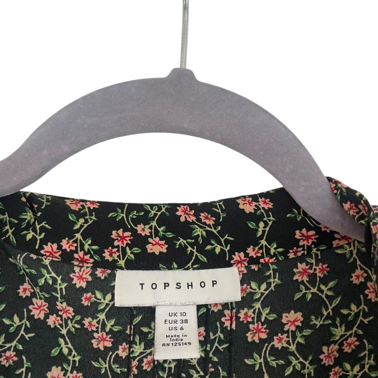Topshop Black & Pink Floral Print Long Puff Sleeve Button Down Mini Dress
