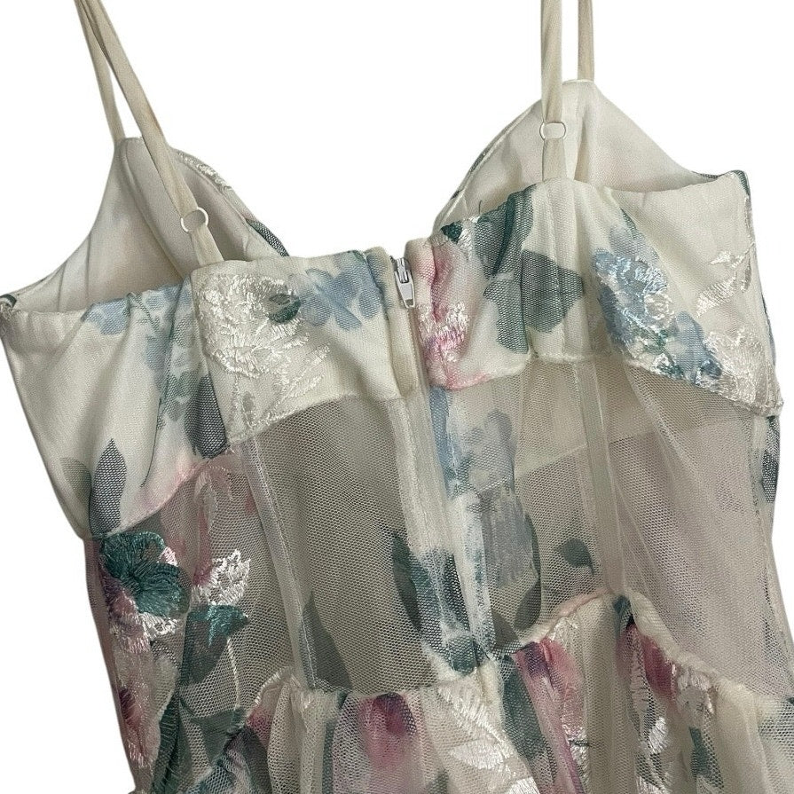 White Sheer Lace Floral Embroidered Corset A-Line Mini Dress