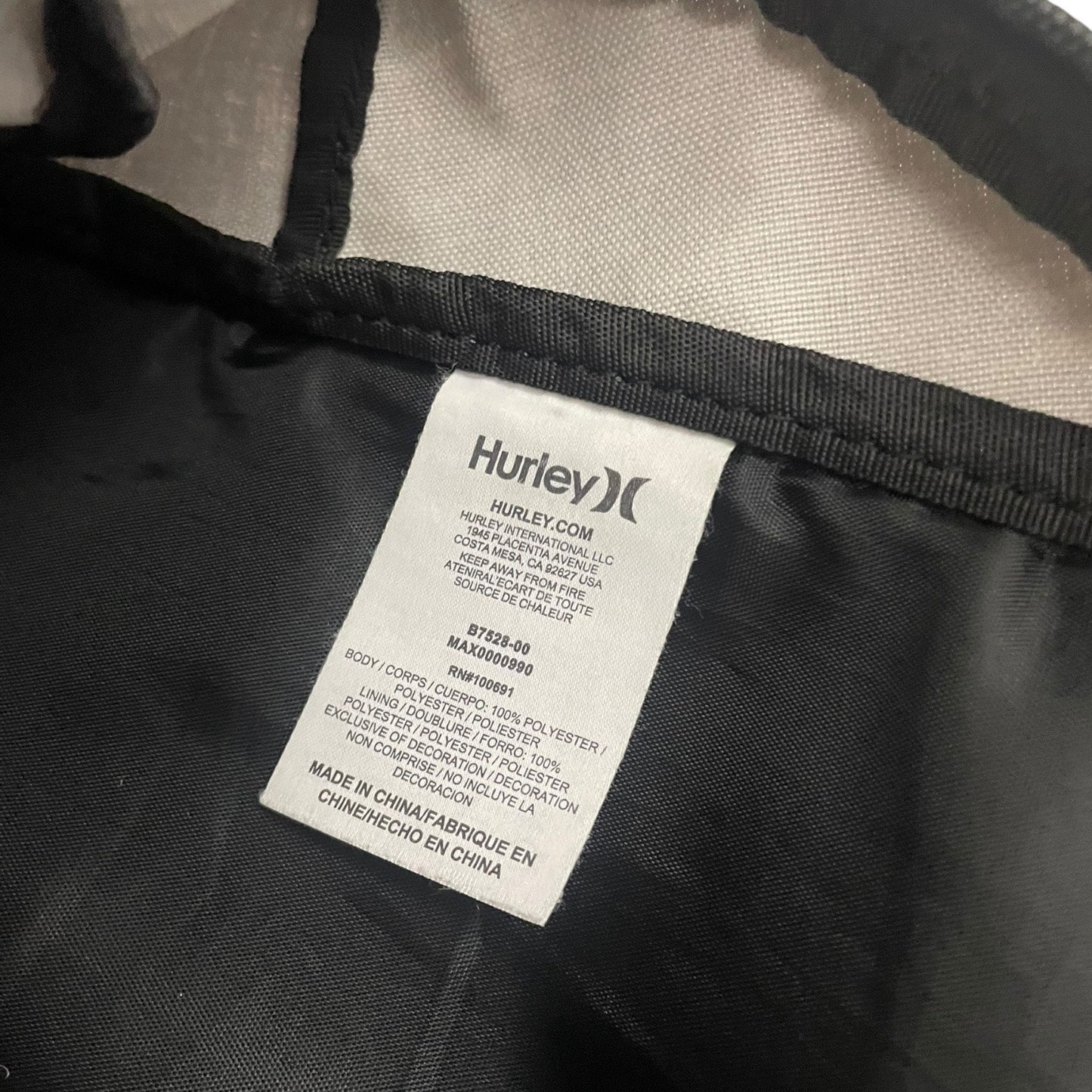 Hurley Grey & Black Unisex Backpack