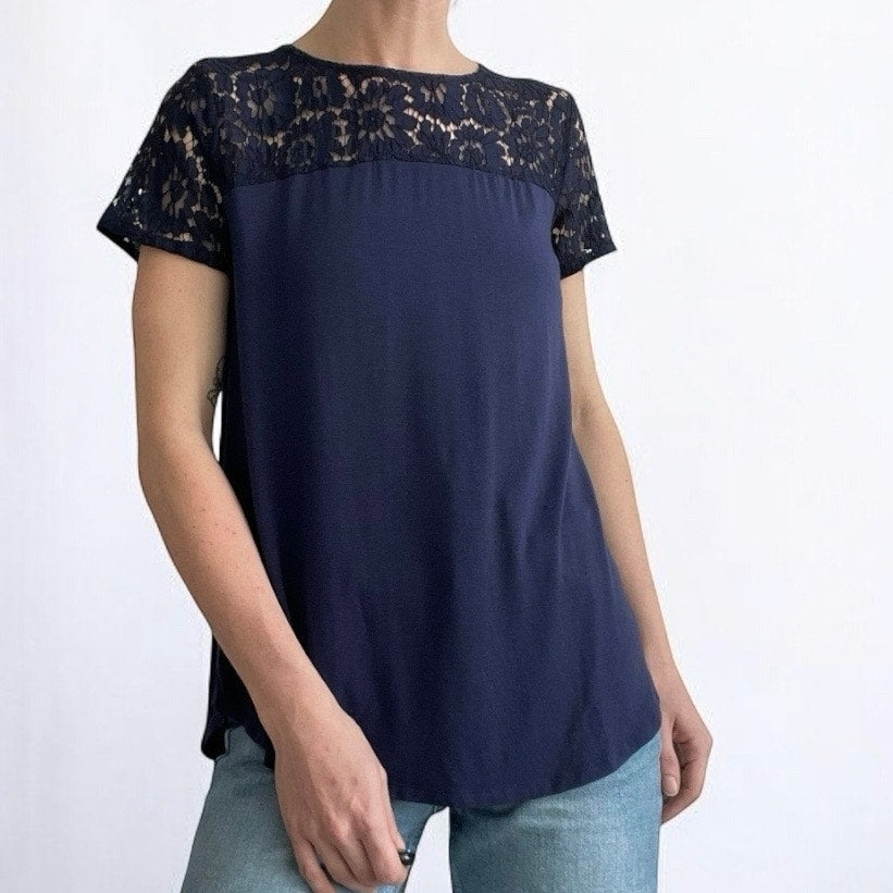 Halogen Navy Blue Floral Lace Short Sleeve Blouse