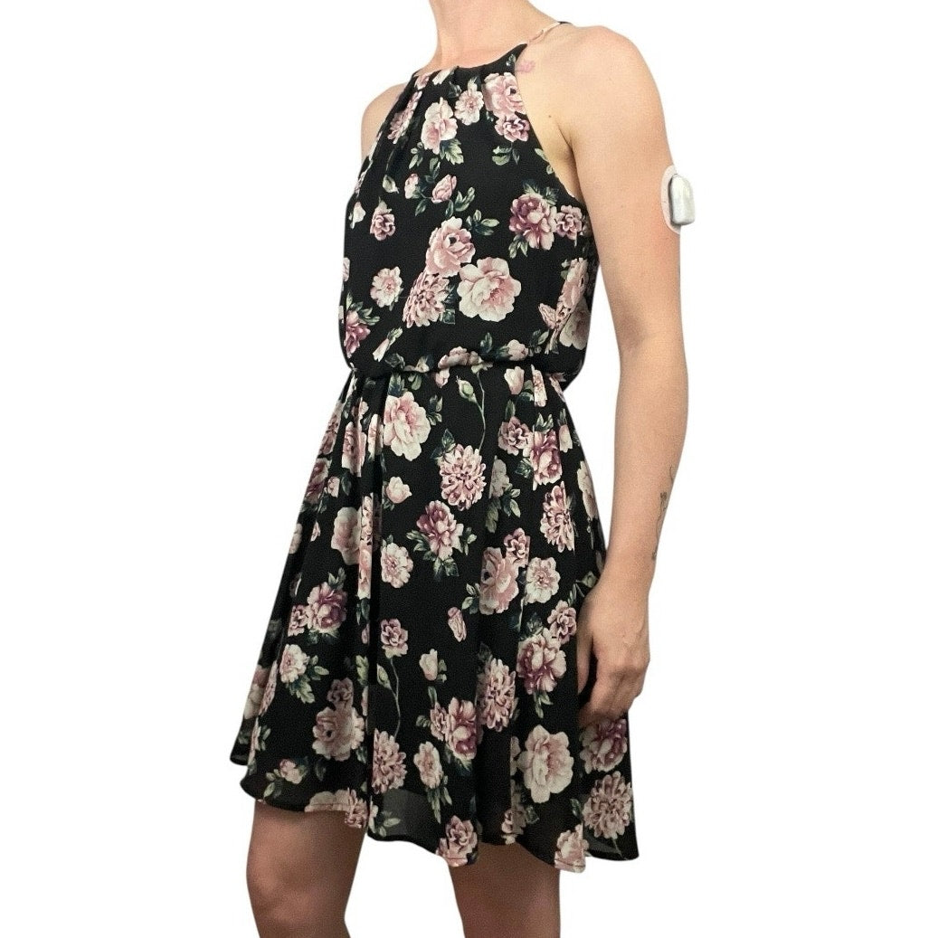 Blue Rain Black & Pink Floral A-Line Mini Dress