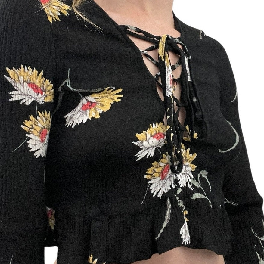 L.A. Hearts Black Floral Long Bell Sleeve Lace Up Cropped Top