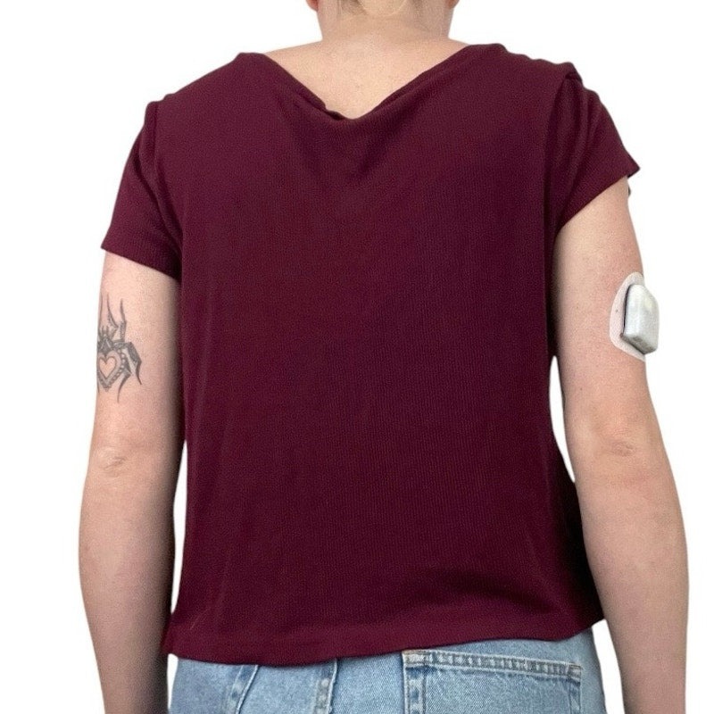 Full Tilt Maroon Cross Cutout Strappy Short Sleeve Ribbed Blouse