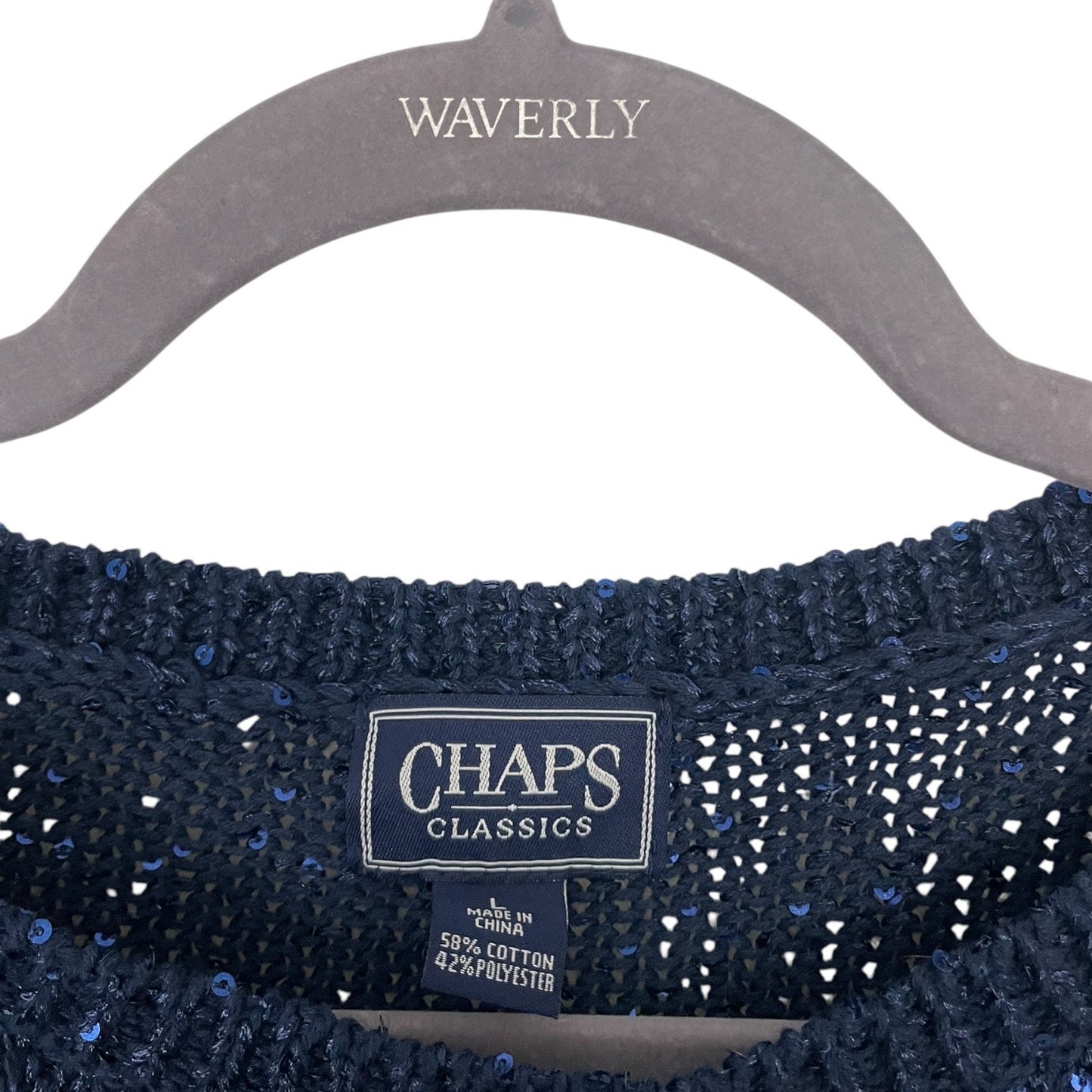 Chaps Classics Navy Blue Sequin Knit Crewneck Cropped Sleeve Sweater