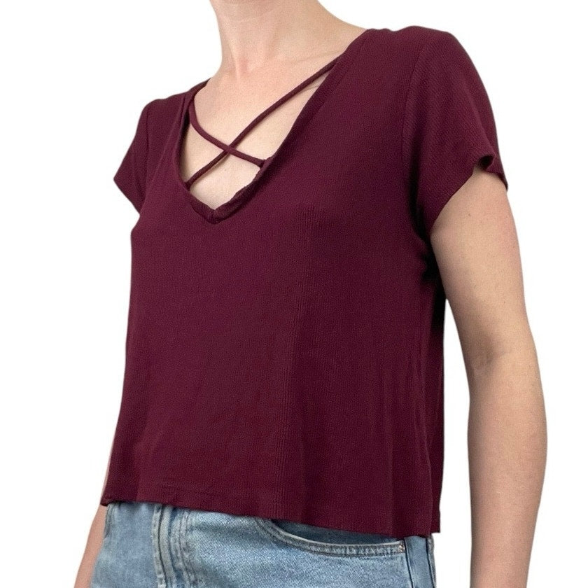 Full Tilt Maroon Cross Cutout Strappy Short Sleeve Ribbed Blouse