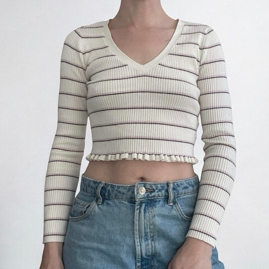 L.A. Hearts Cream Striped Long Sleeve Ribbed Ruffled Cropped Top