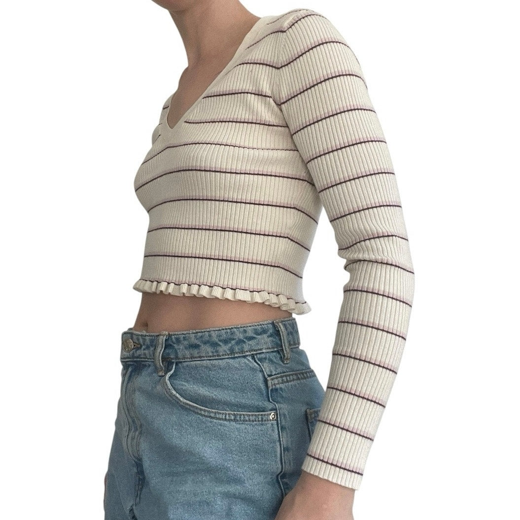 L.A. Hearts Cream Striped Long Sleeve Ribbed Ruffled Cropped Top