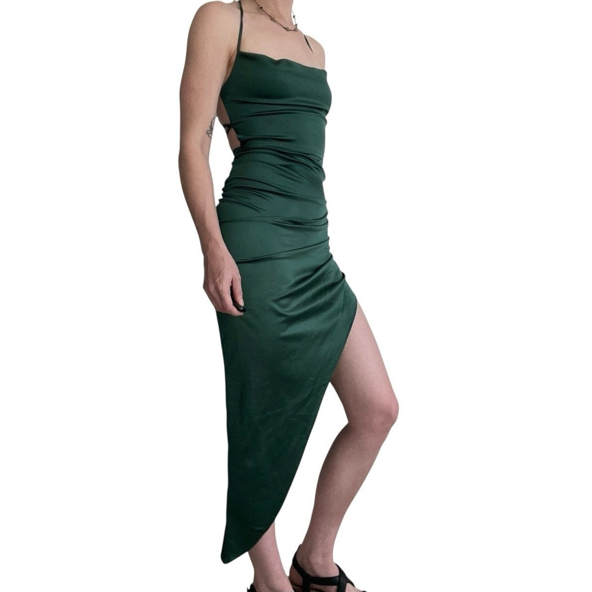 Silky Green Asymmetrical Cinched Halter Neck Open Lace Up Cross Back Dress