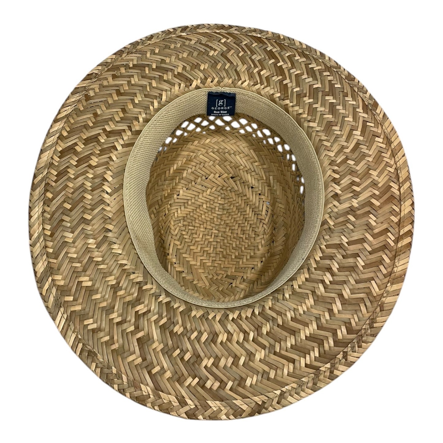 George Woven Tan Straw Tropical Blue Band Flat Brim Sun Hat
