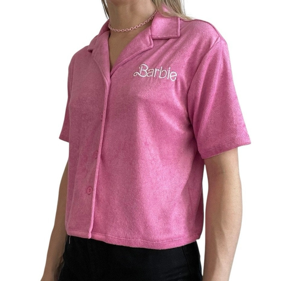 Barbie Mattel Pink Short Sleeve Button Down Collared Top