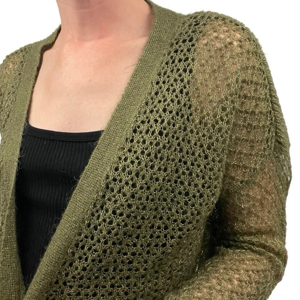 Kensie Olive Green & Gold Metallic Knit Button Down Cardigan Sweater