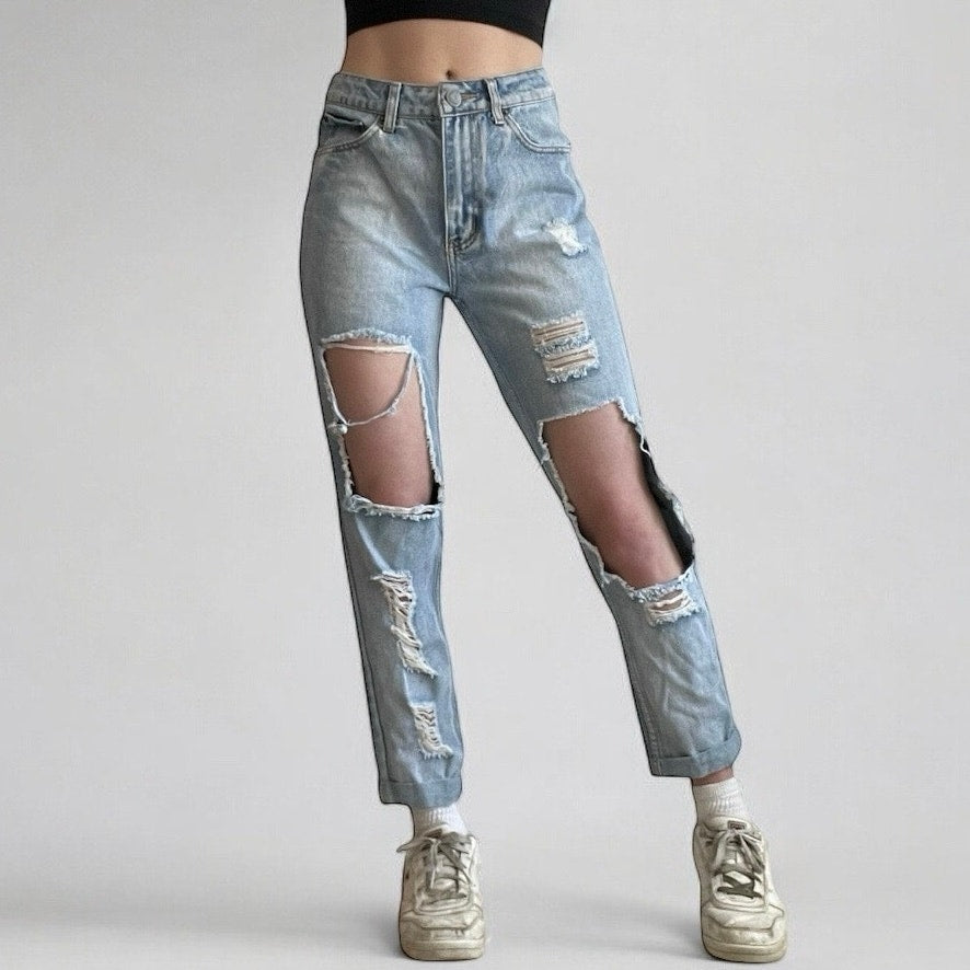 The Rockn Rev Super Distressed High Rise Light Wash Cuffed Jeans