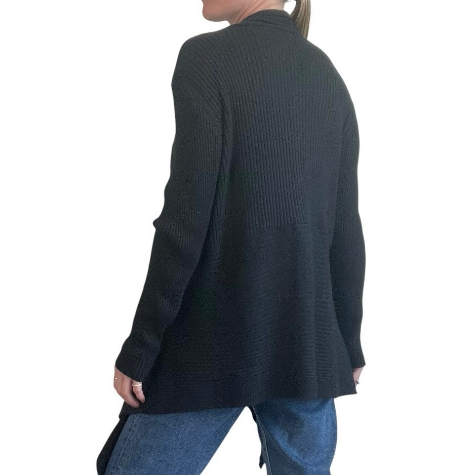 Dana Buchman Black Ribbed Knit Asymmetrical Cardigan Sweater