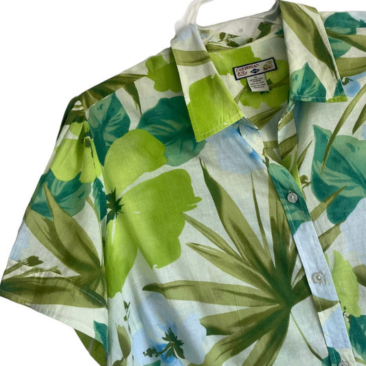 Caribbean Joe Woman Green Tropical Short Sleeve Button Down Blouse