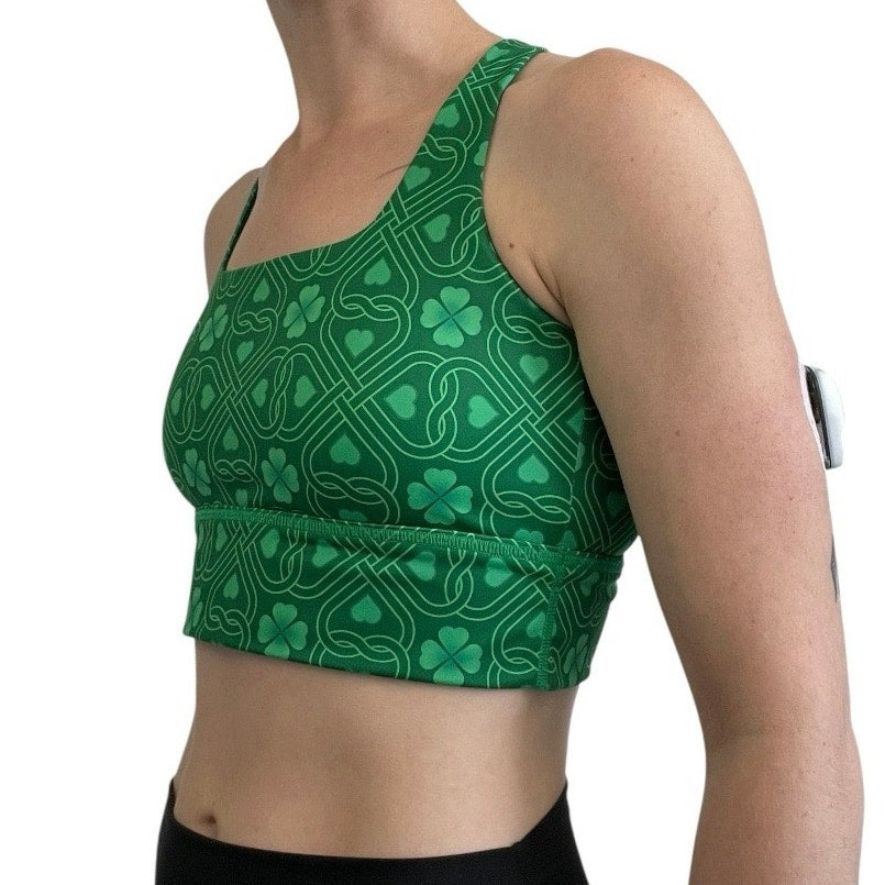 Green Lucky Four Leaf Clover Strappy Racerback Padded Sports Bra