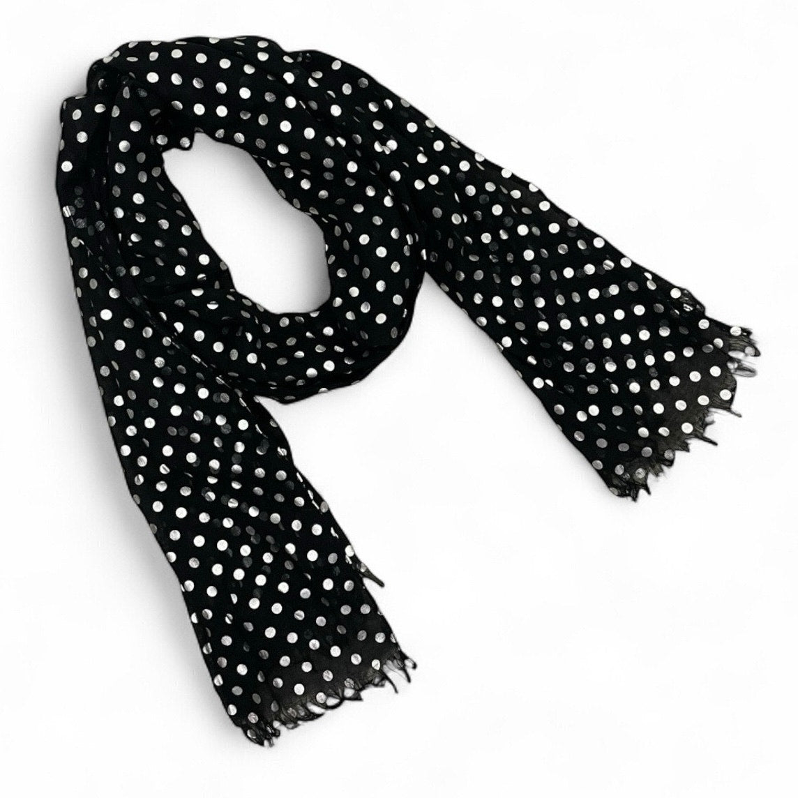 Black & Silver Metallic Polka Dot Fringe Scarf