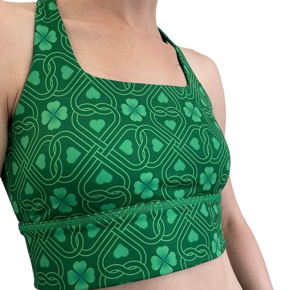 Green Lucky Four Leaf Clover Strappy Racerback Padded Sports Bra