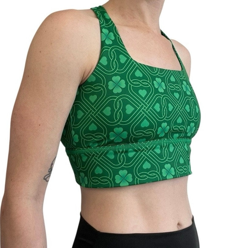 Green Lucky Four Leaf Clover Strappy Racerback Padded Sports Bra