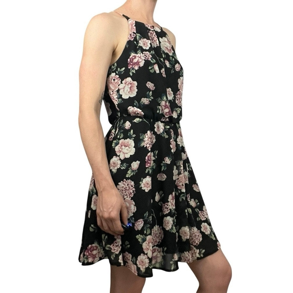 Blue Rain Black & Pink Floral A-Line Mini Dress