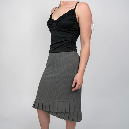 Ann Taylor LOFT Stretch Grey Pinstripe Pleated Ruffle Hem Midi Skirt