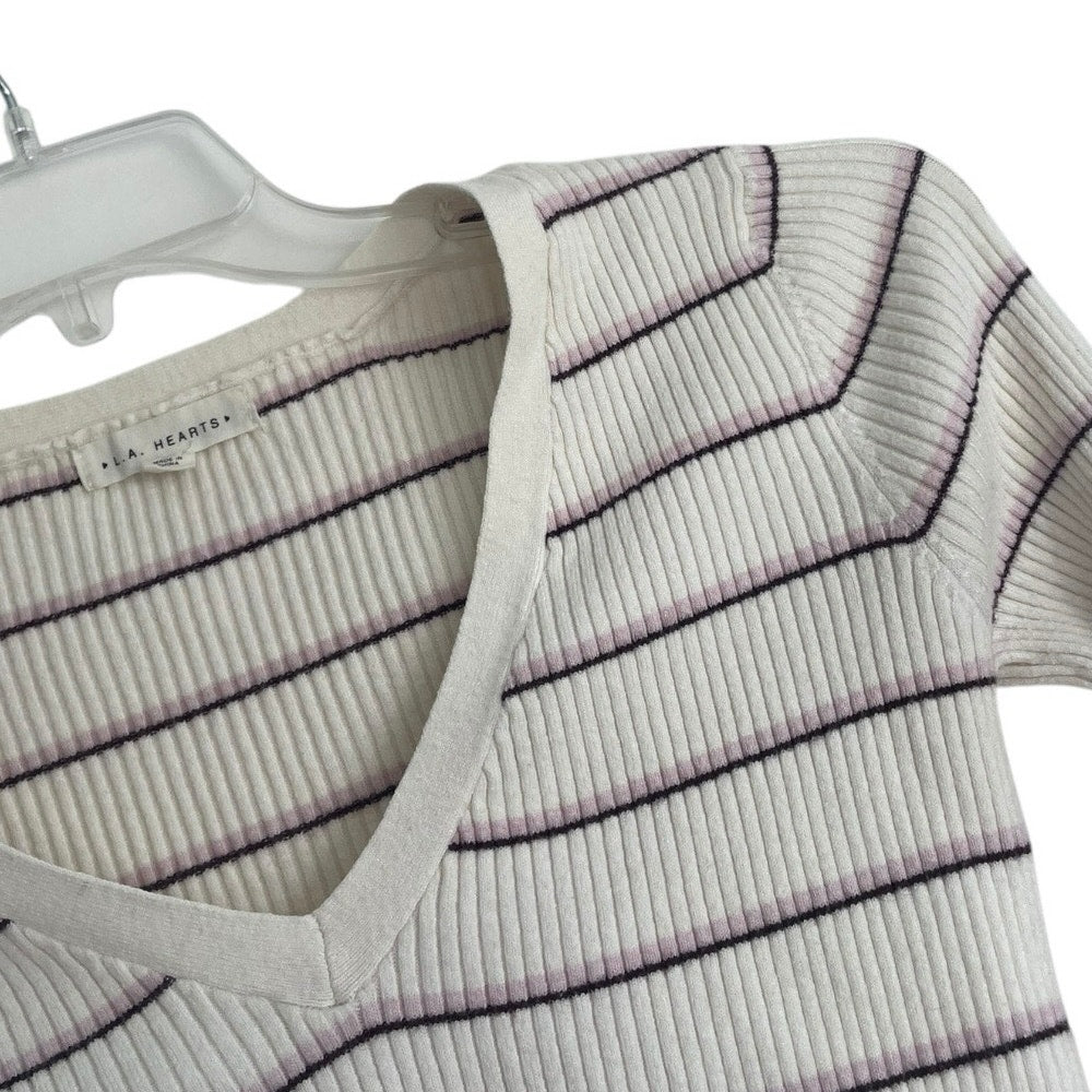 L.A. Hearts Cream Striped Long Sleeve Ribbed Ruffled Cropped Top