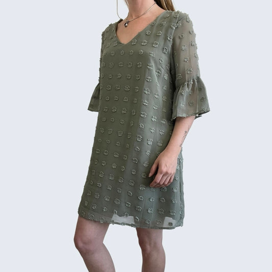 Sage Green Swiss Dot Sheer Ruffle Flutter Sleeve V-Neck Mini Dress