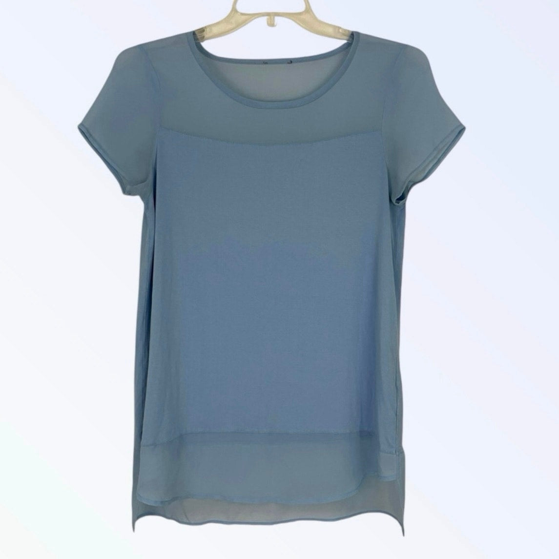 Soft Light Blue Short Sleeve Blouse with Sheer Paneling