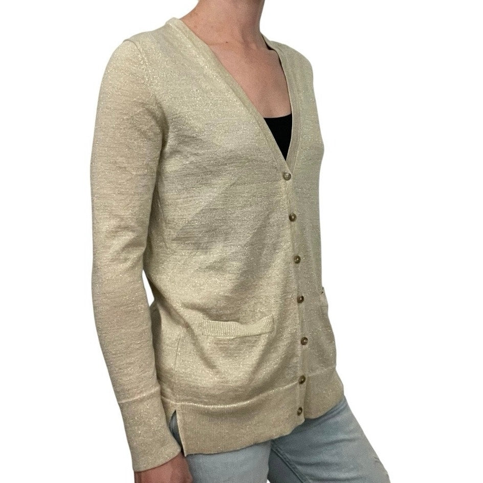 Ann Taylor LOFT Glittery Metallic Gold Cream Button Down Cardigan Sweater