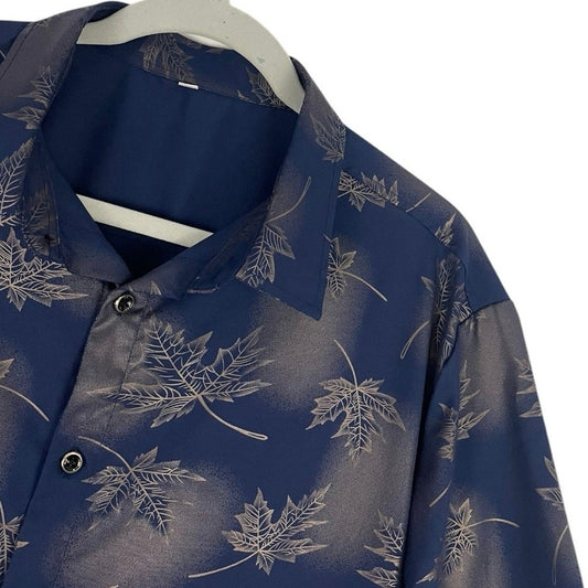 Mens Navy Blue & Gold Foil Fall Leaf Print Short Sleeve Button Down Shirt