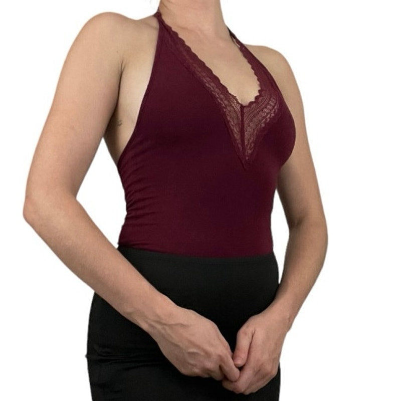 American Eagle Outfitters Essentials Soft Maroon Lace Trim Bodysuit