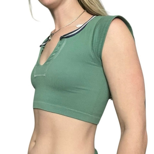 Out From Under Green Ribbed Cropped Short Sleeve V-Neck Top