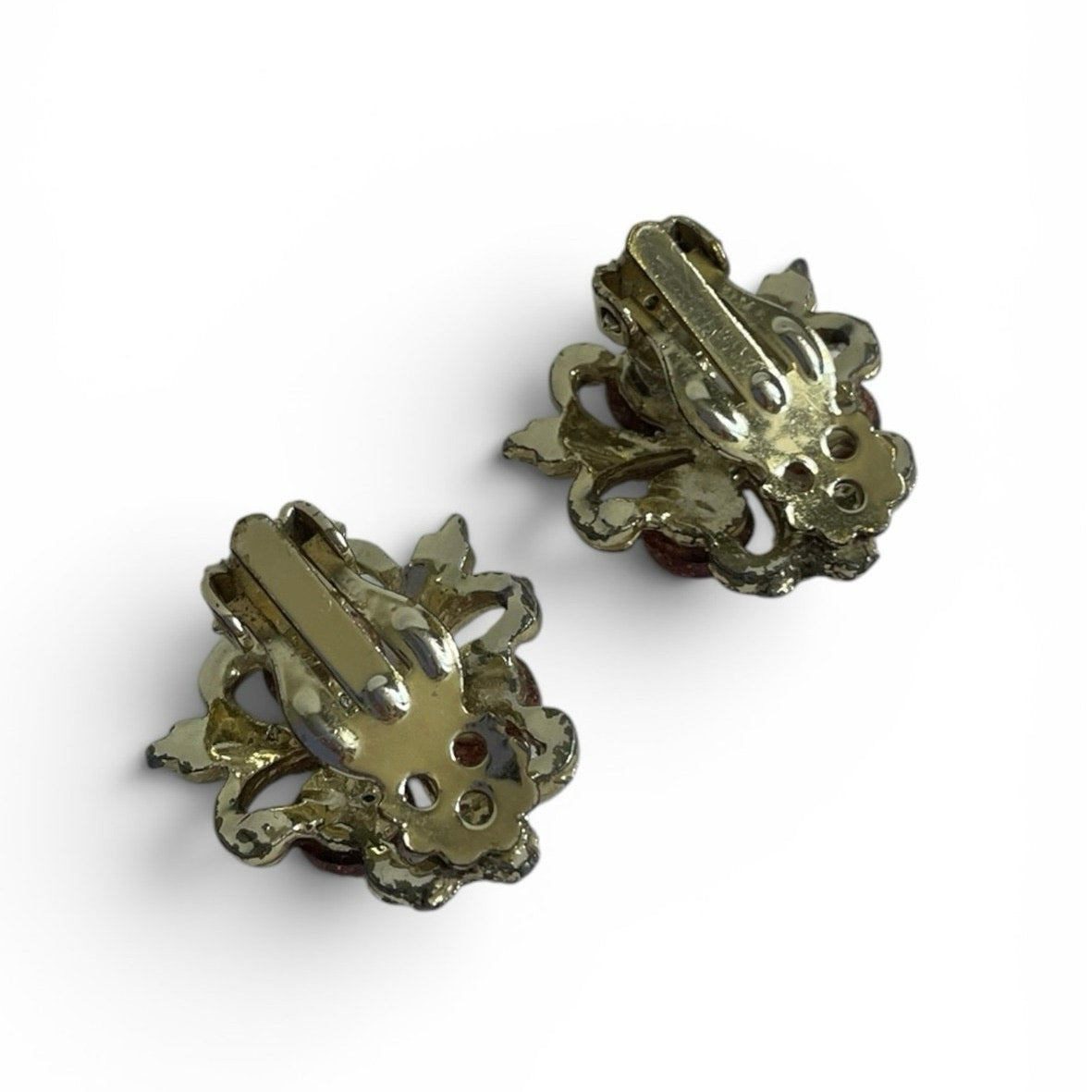 Vintage Red Glitter Bead Gold Tone Floral Clip On Statement Earrings