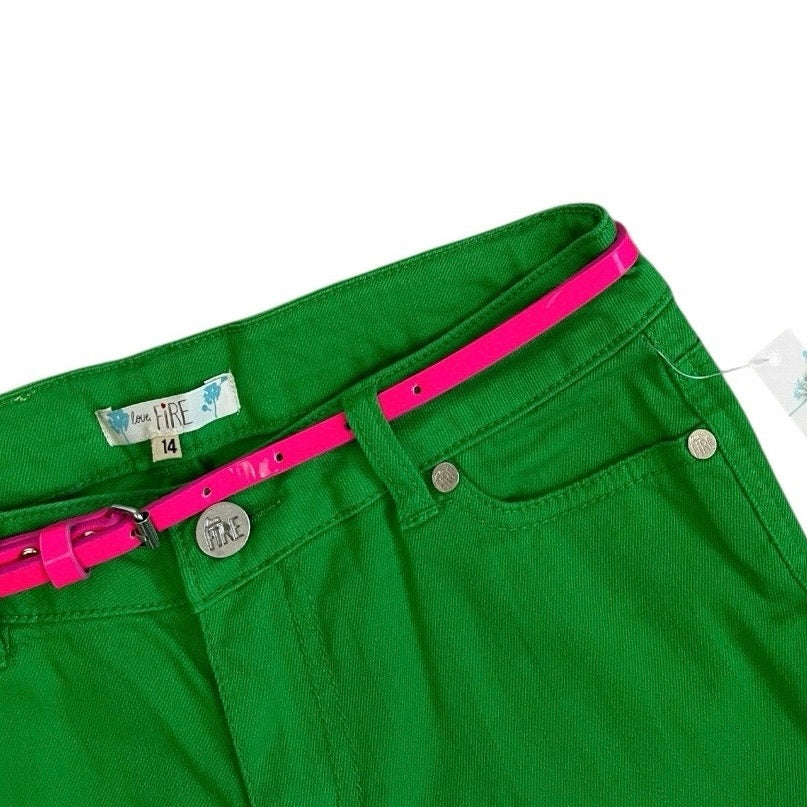 NWT Love, Fire Girls Jolly Rancher Green & Pink Belt Denim Cuffed Midi Shorts