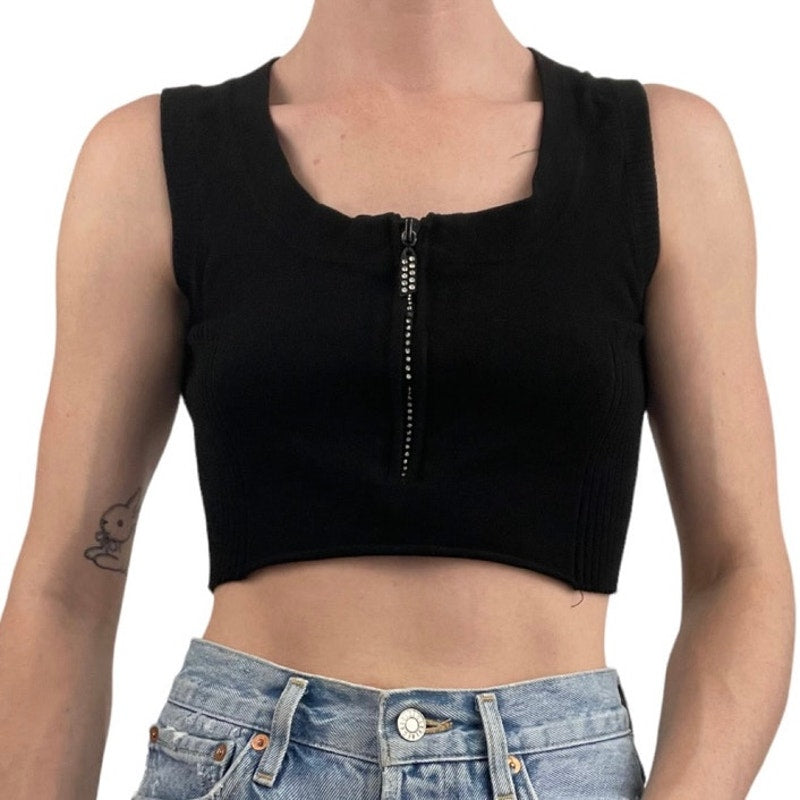 Belldini Black Cropped Rhinestone Quarter Zip Tankk Top