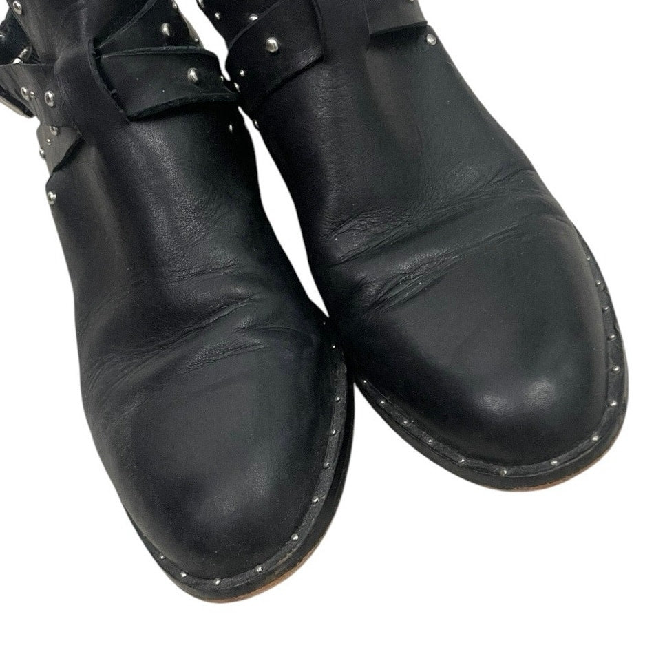 Halogen Black Genuine Leather Studded Strappy Ankle Boots